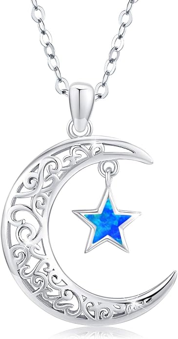 TRISHULA Moon Star Necklace, 925 Sterling Silver Crescent Moon Sun Pendant with Moonstone Crescent Jewelry Gift for Her Sister Birthday Christmas