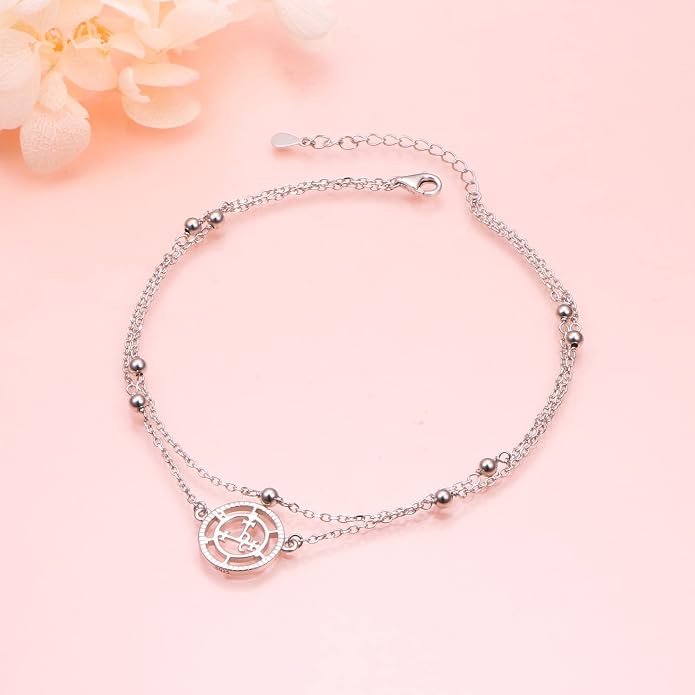 Ladytree S925 Sterling Silver Boho Beach Double Layer Anklets Bracelet for Women Adjustable 9 to 11 inches