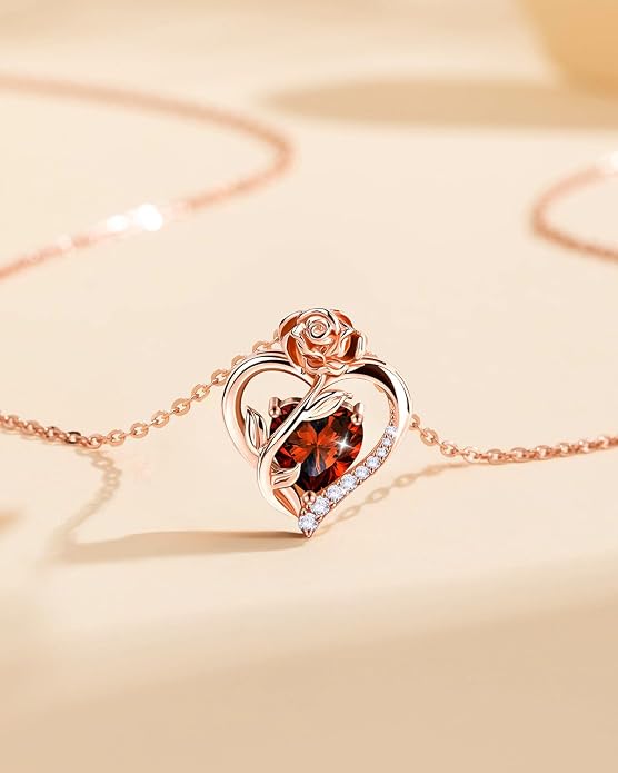 Anniversary Birthday Gifts for Women - Heart Birthstone Necklace: 925 Sterling Silver Rose/White/Yellow Gold Pendant Necklaces Gold Jewelry Gift for Wife Girlfriend Mom Daughter Grandma