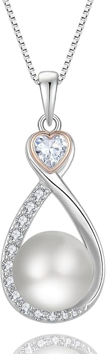 Heart Birthstone Pearl Pendant Necklace, 925 Sterling Silver Infinity Necklace with 10mm Freshwater Cultured Pearl & 4mm Gemstone Jewelry for Women