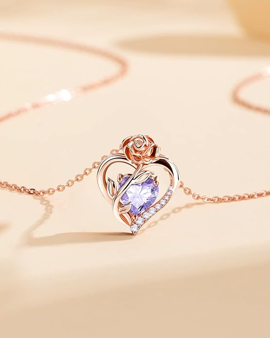 Anniversary Birthday Gifts for Women - Heart Birthstone Necklace: 925 Sterling Silver Rose/White/Yellow Gold Pendant Necklaces Gold Jewelry Gift for Wife Girlfriend Mom Daughter Grandma