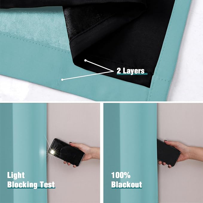 ChrisDowa 100% Blackout Curtains for Bedroom 108 Inches Long 2 Panels Set | 2 Thick Layers, Thermal Insulated, Light Blocking, Grommet, Long Window Drapes, for Living Room, Aqua, 52 x 108 Inch