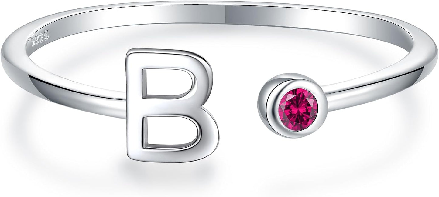 925 Sterling Silver Initial Letter Birthstone Rings for Women Adjustable 1-12 Month Birthstone Alphabet Stacking Ring for Teens Girls Stackable Birthstone Rings Birthday Jewelry Gift for Daughter Mom