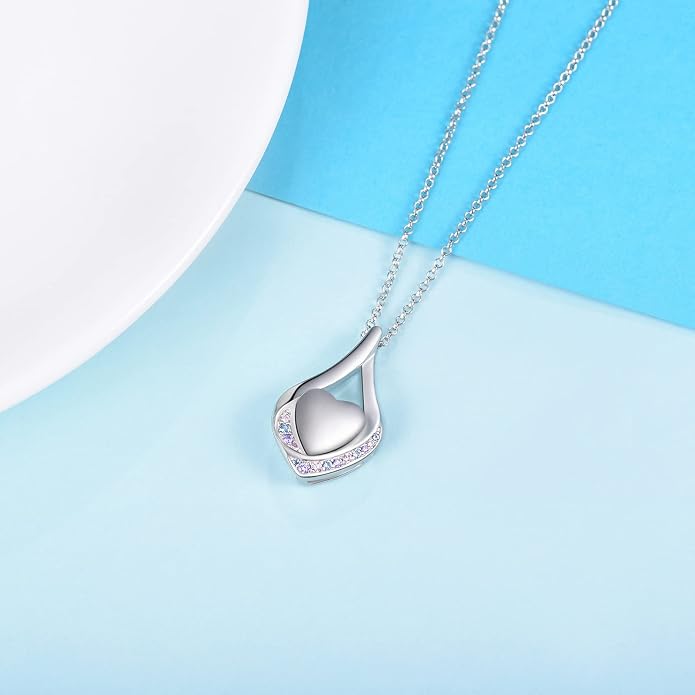 Cremation Jewelry 925 Sterling Silver Teardrop Urn Necklace for Ashes Heart Shape Memorial Keepsake Pendant for Human Ashes for Women Gift