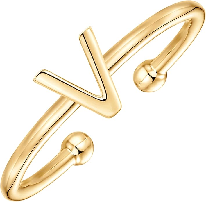 PAVOI 14K Gold Plated Initial Letter Adjustable Ring for Women - Thin Initial Band - Dainty Fashion Jewelry Gifts