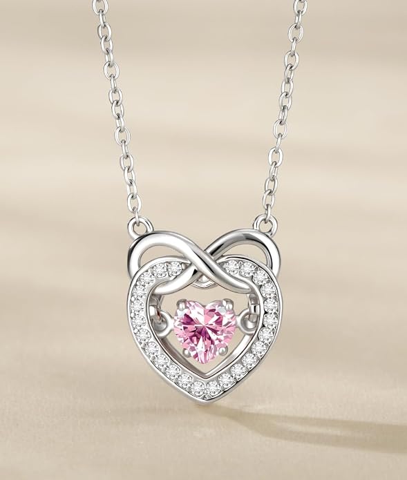 Trendy Dainty Infinity Birthstone Necklace, Dancing Heart 18K White Gold Plated 925 Sterling Silver Heart Necklace, Romantic Love Jewelry Graduation Gifts for Women Her
