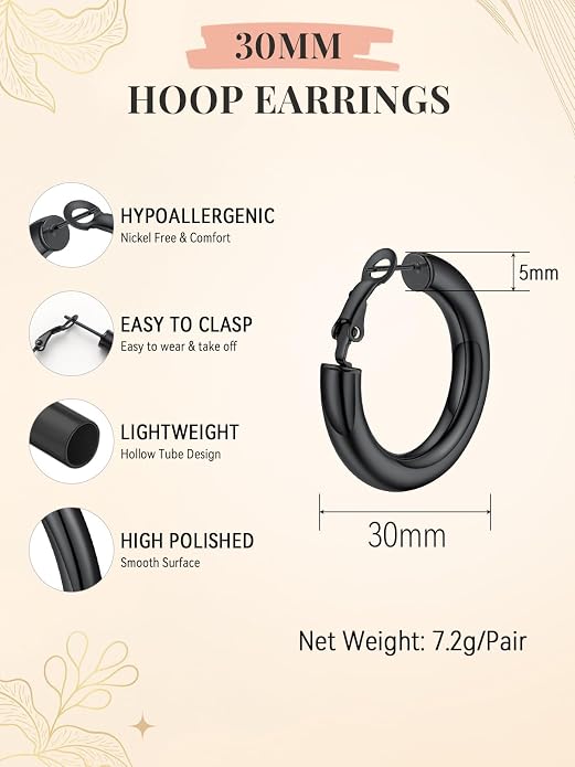 FaithHeart Chunky Hoop Earrings for Women, Silver/Black/14K Gold Plated Stainless Steel Earrings 5mm Thick Hollow Tube Hoops Hypoallergenic Lightweight Earring 20/30/40/50/60/70/80mm