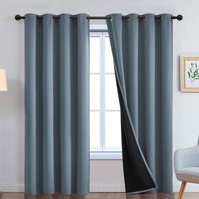 Yakamok Stone Blue 100% Blackout Curtains 90 Inches Long 52" Wide 2 Panel | Blackout Curtain Panels for Bedroom, 2 Thick Layers Grommet Top Thermal Insulated Drapes with Black Liner for Living Room