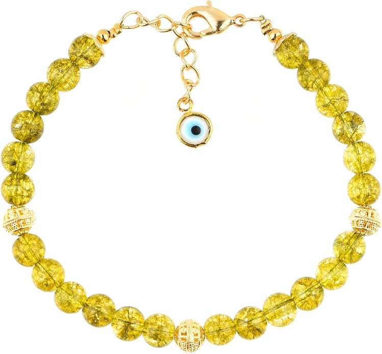 AAA Grade Natural Gemstone Beaded Bracelet, 14K Gold Plated with Evil Charm, Wicca & Reiki Healing Crystals, Handmade Bohemian Jewelry, Christmas Gift for Women (7+1inch)