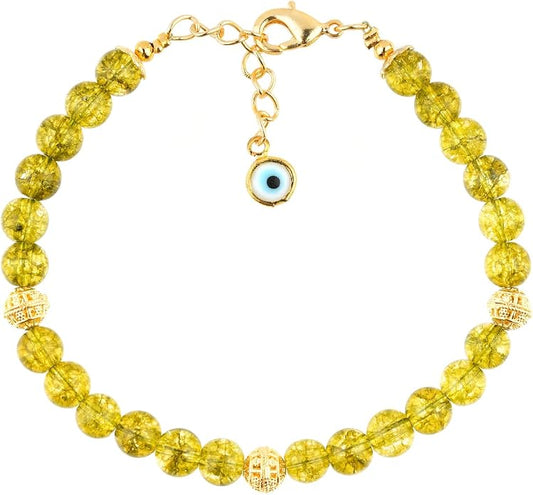 AAA Grade Natural Gemstone Beaded Bracelet, 14K Gold Plated with Evil Charm, Wicca & Reiki Healing Crystals, Handmade Bohemian Jewelry, Christmas Gift for Women (7+1inch)