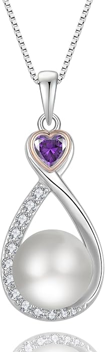 Heart Birthstone Pearl Pendant Necklace, 925 Sterling Silver Infinity Necklace with 10mm Freshwater Cultured Pearl & 4mm Gemstone Jewelry for Women
