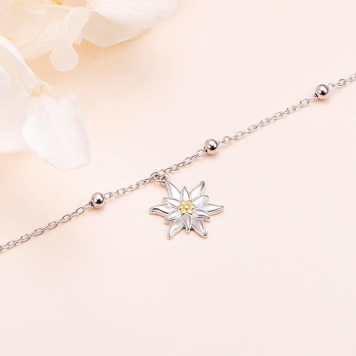FLYOW S925 Sterling Silver Anklet for Women Summer Boho Beach Charm Adjustable Foot Ankle Bracelet Jewelry Birthday Gift