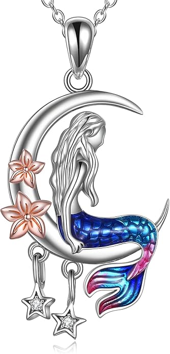 LUHE Mermaid Necklace Jewelry Gifts Sterling Silver Sea Mermaid Crescent Moon and Star Necklace with Flower Pendant Birthday Gifts for Daughter Women