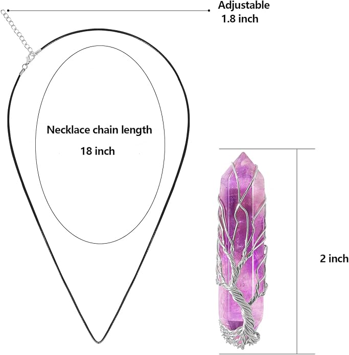 VIBILIA Healing Crystal Necklace Tree of Life Wire Wrapped Natural Stone Point Pendant Necklace Hexagonal Reiki Spiritual Quartz Gemstone Jewelry for Women Men