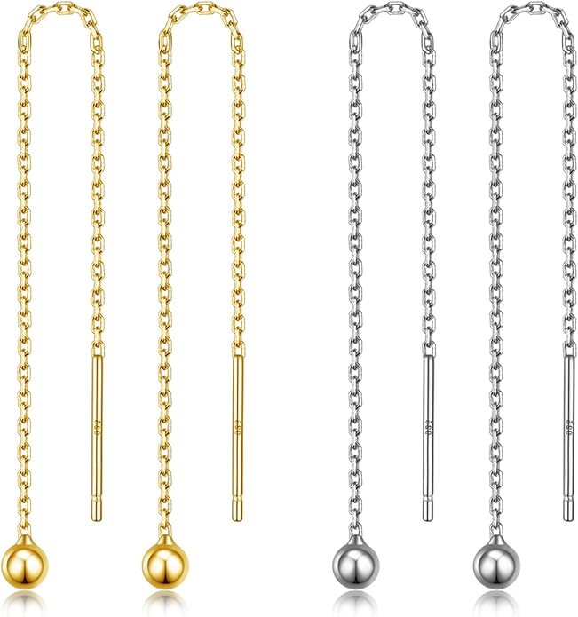 2 Pairs S925 Sterling Silver Chain Threader Earrings For Women Bar Wrap Threader Dangle Drop Earrings Lightweight Minimalist Hypoallergenic Earrings Anniversary Jewelry