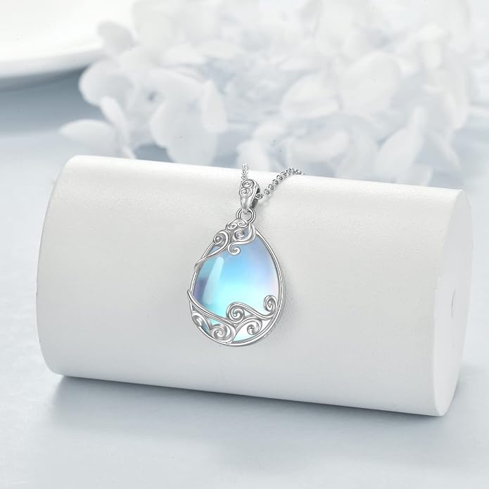 YAFEINI 925 Sterling Silver Moonstone Necklace Filigree Teardrop Pendant Necklace Jewelry for Women Girls