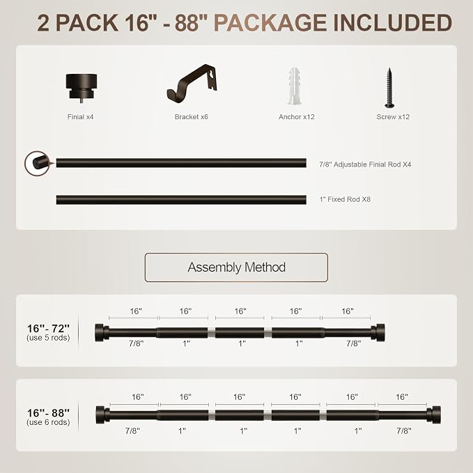 Lootkell 2 Pack Modern Brown Curtain Rods Set for Windows 48 to 84 Inches Adjustable Length Heavy Duty 1" Diameter Window Curtain Rod with Decorative Finials for Outdoor Bedroom Kitchen Living Room