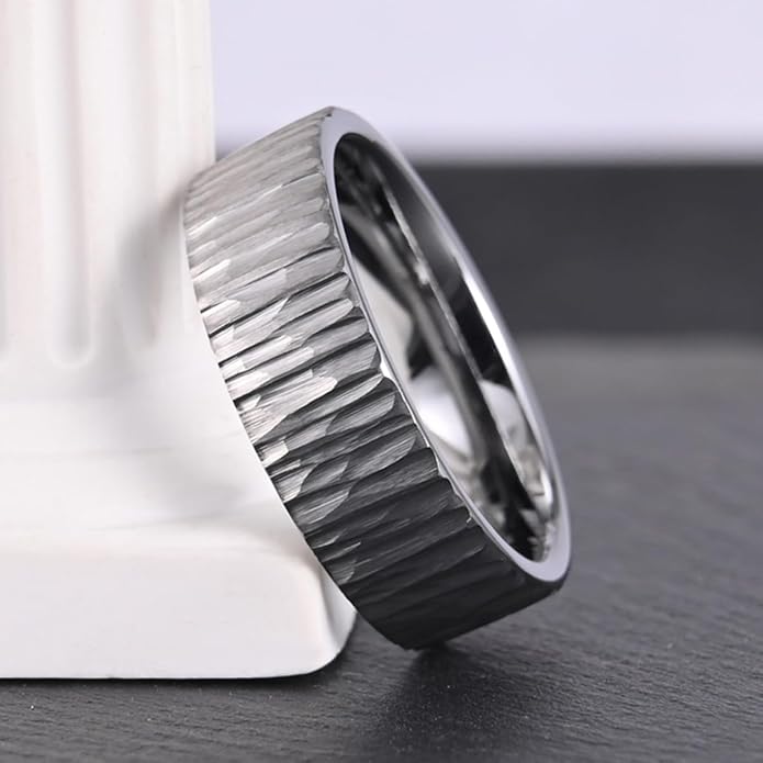 Tungsten Carbide Ring for Men Women 8mm Silvery Hammered Bark Textured Classic Men's Wedding Bands Polished Comfortable Fit Suitable for Party Anniversary