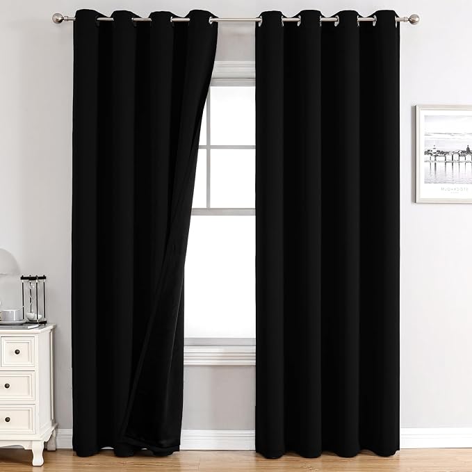 ChrisDowa 100% Blackout Curtains for Bedroom 102 Inches Long 2 Panels Set | 2 Thick Layers, Thermal Insulated, Light Blocking for Living Room, Grommet, Long Window Drapes, Black, 52 x 102 Inch