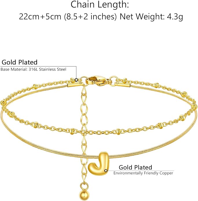 ChainsProMax Initial Ankle Bracelets for Women, Waterproof Anklets Bracelet Adjustable Summer Beach Women Foot Jewelry, Stainless Steel/Gold Plated-Send Gift Box/Letter A-Z