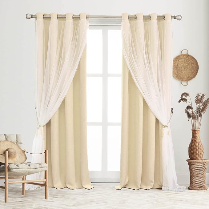 Beige Blackout Curtains 63 Inch Long, Double Layers Light Blocking Crushed Voile Sheer Overlap Drapes for Nursery and Girls Bedroom, Cortinas para sala (W52 x L63, Biscotti Beige, 2 PCs)