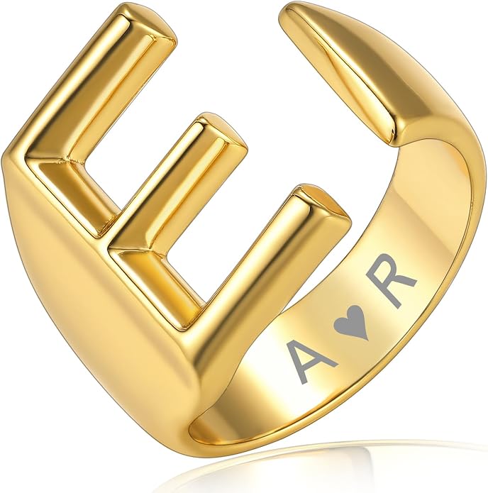 KeyStyle Bold Initial Letter Rings Adjustable, GoldChic Jewelry Women Gold Statement Ring Personalized Engraved Women’s Open Signet Ring for Party (Gold, White Gold, Black)