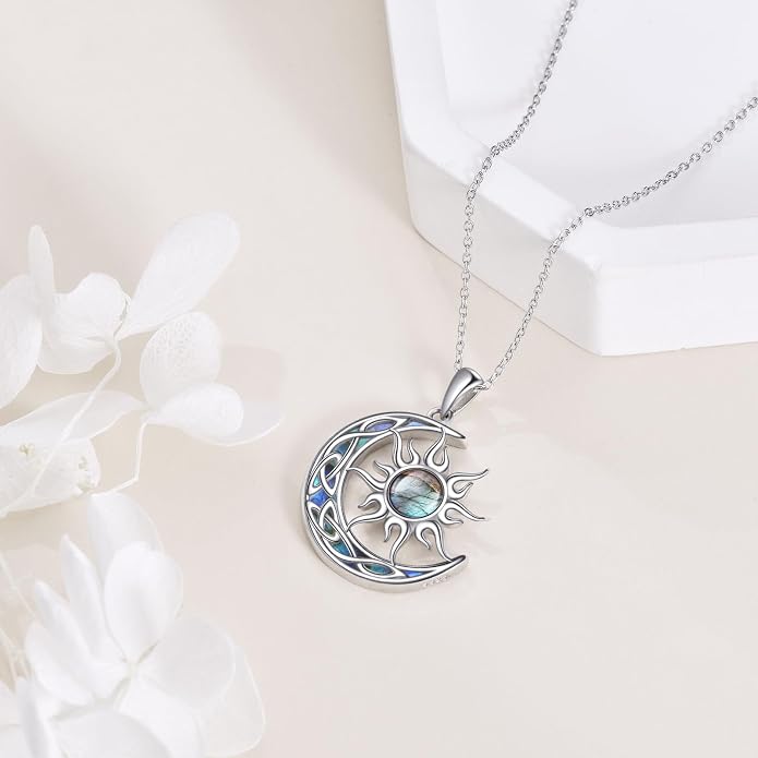 Sun and Moon Necklace for Women 925 Sterling Silver Celtic Crescent Moon Pendant Blue Opal/White Opal/Abelone Shell/Labradorite/Moonstone Jewelry Gift for Teen Girls
