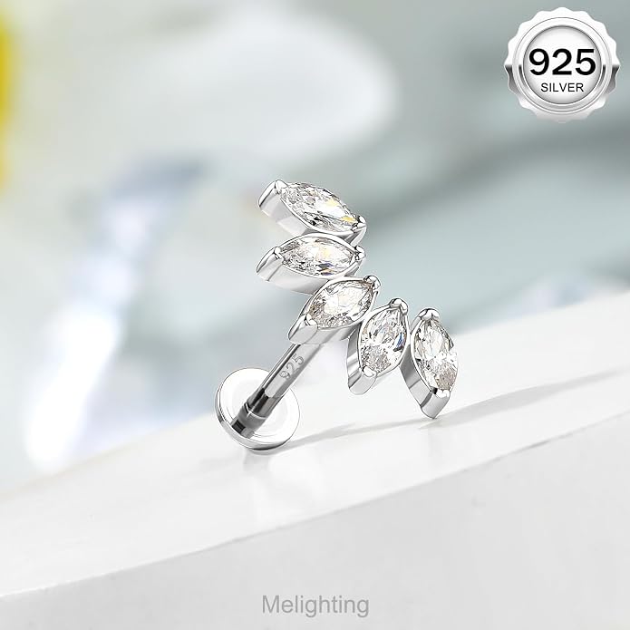 Melighting 16G Curved Helix Earring, Sterling Silver 925 Tragus Conch Stud Internally Threaded, Clear Marquise Round CZ Flat Back Lobe Labret Cartilage Piercing Jewelry for Women 6/8 mm