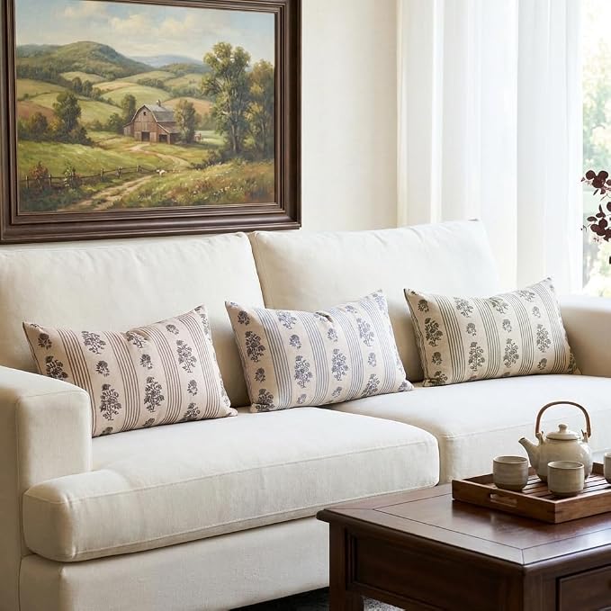 Amor Virisso Floral Throw Pillow Covers 12 x 20 Set of 2 Block Print Pillow Covers Neutral Floral Striped Farmhouse Decorative Pillow Covers for Sofa Couch Bed, Light Blue