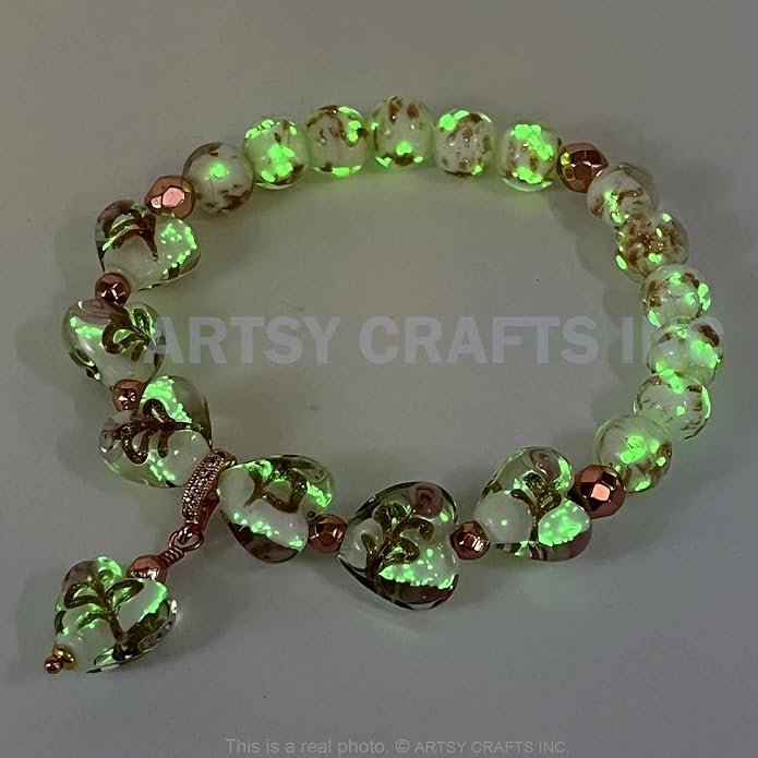 ARTSY Crafts Glow in the Dark Heart Shaped Glass Bead Bracelets & Necklaces, Handmade in USA