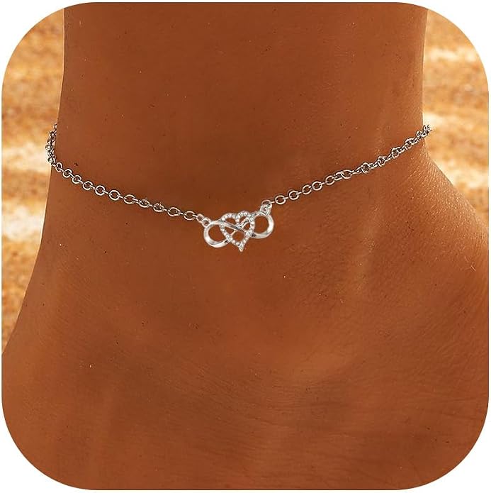 Infinity Heart Anklet for Women, Silver Dainty Ankle Bracelet Adjustable Minimalist Foot Jewelry, Romantic Beach Vacation Gift