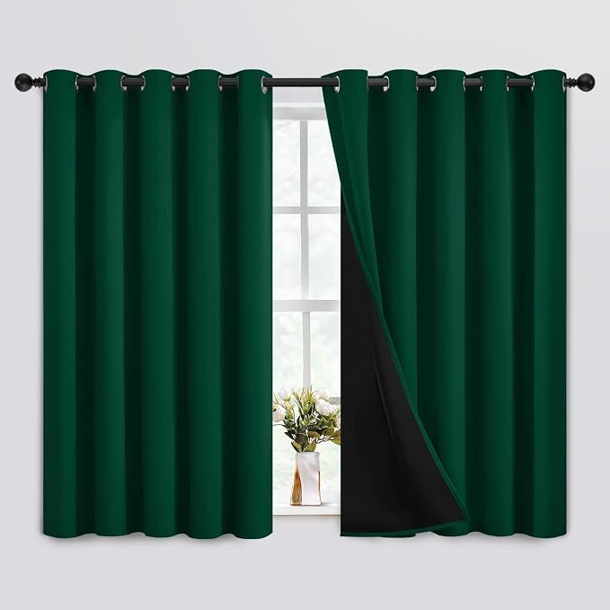 SimpleHome Dark Green 100% Blackout Curtains Room Darkening Living Room 63 | Curtains for Bedroom,Thermal Insulated Grommet Window Drapes,Curtains for Living Room with Black Back,62 x 63 Inch,2 Panels