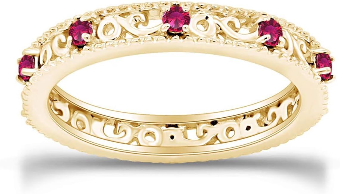 Jewel Zone US Filigree Eternity Wedding Band Ring for Women, Round Cut Simulated Gemstone Stackable Promise Ring in 14K Gold Plated 925 Sterling Silver Band Width 3.5mm – Elegant Jewelry for Her
