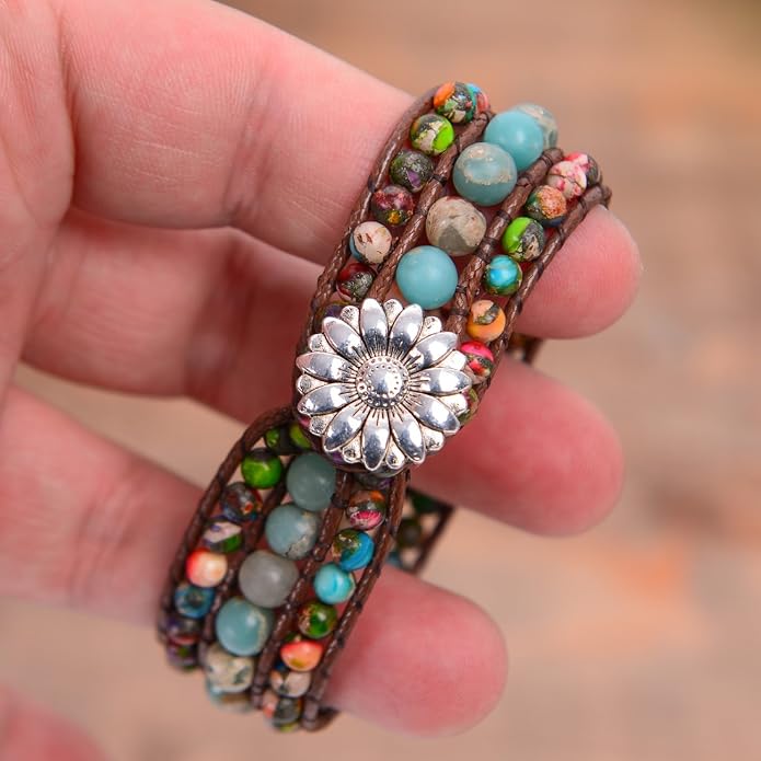 YGLINE Boho Handmade Natural Stone Bead 3 Row Wide Wrap Wrist Statment Bracelet Jewelry Collection