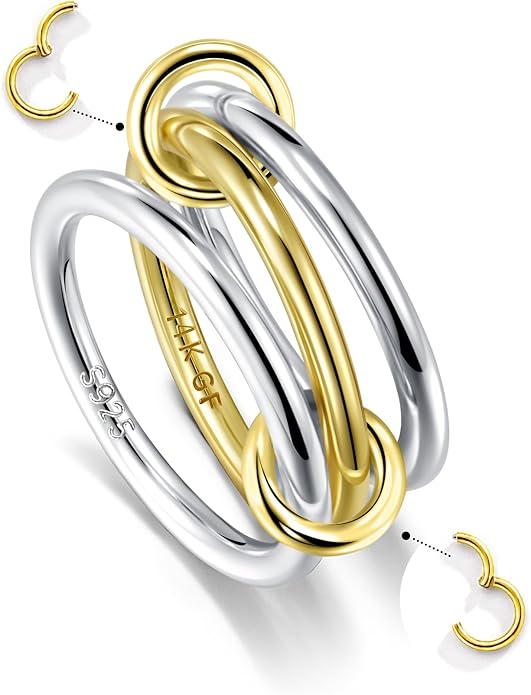 14K Gold filled Detachabie Stackable Rings for Women,Separated Non Tarnish Gold and Silver Rings,Statement Ring Set,Openable sleek Bands Stacking Ring Fashion Jewelry Gift