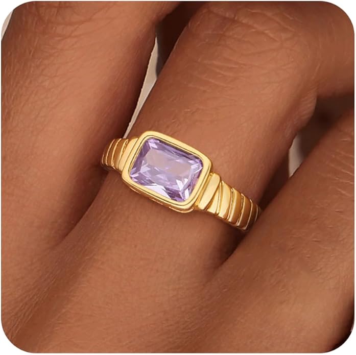 ZHESHY Birthstone Gold Rings for Women Non Tarnish Vintage Gemstone Emerald Rings 14K Gold Plated CZ Signet Thumb Band Rings Jewelry Gift for Birthday Size 6-10