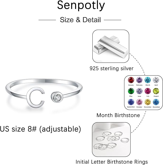 925 Sterling Silver Initial Letter Birthstone Rings for Women Adjustable 1-12 Month Birthstone Alphabet Stacking Ring for Teens Girls Stackable Birthstone Rings Birthday Jewelry Gift for Daughter Mom