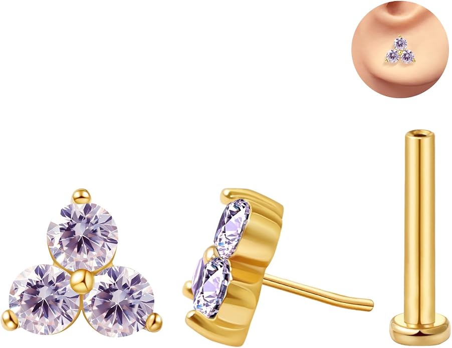 FANSING Cartilage Earring Tragus Stud Trio CZ Stone Flat Back Earring for Helix Conch Threadless Push Pin Labret Stud
