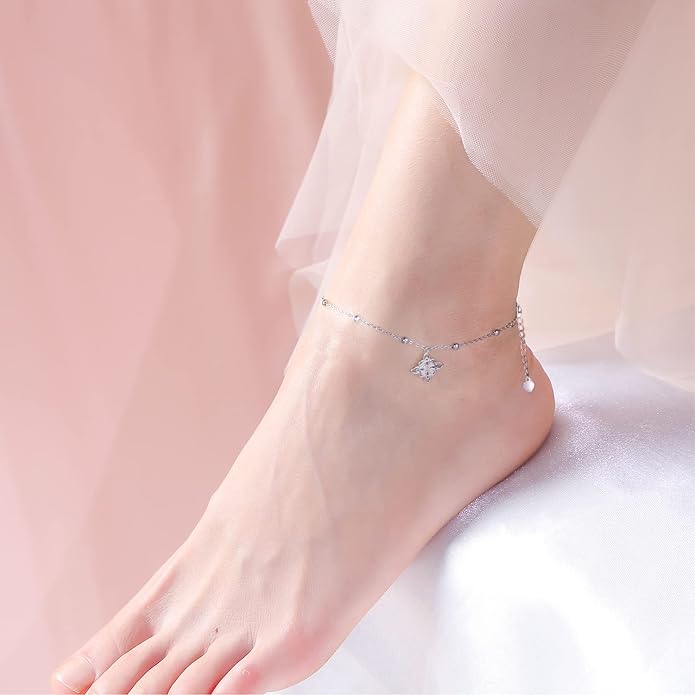 FLYOW S925 Sterling Silver Anklet for Women Summer Boho Beach Charm Adjustable Foot Ankle Bracelet Jewelry Birthday Gift