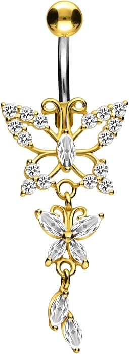 PIERCINGLINE 14 g belly button ring titanium with 925 Silver Butterfly Design - Titanium belly button rings in gold, silver & rosegold