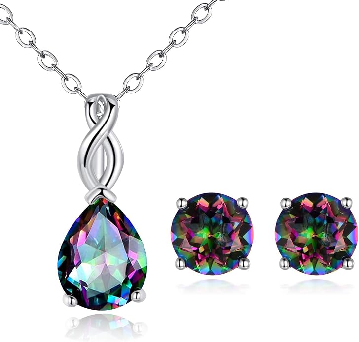 VOLUKA Created Opal/Amethyst/Mystic Topaz Pendant Necklace for Women,18K White/Rose Gold Plated Chain Wedding Engagement Jewelry Gift