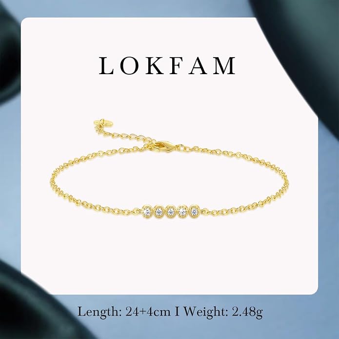 14K Gold Plated Ankle Bracelets for Womens Ankle Bracelet 14K Gold Plated Anklets for Women Elegant Line with Five Cubic Zirconias Anklets for Womens Adjustable 9.4+1.6in