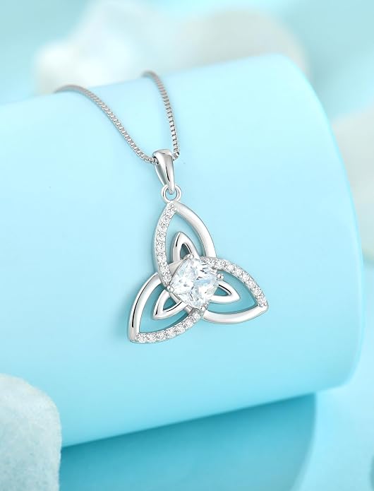 Celtic Birthstone Necklace for Women 925 Sterling Silver Trinity Knot Triquetra Crystal Pendant