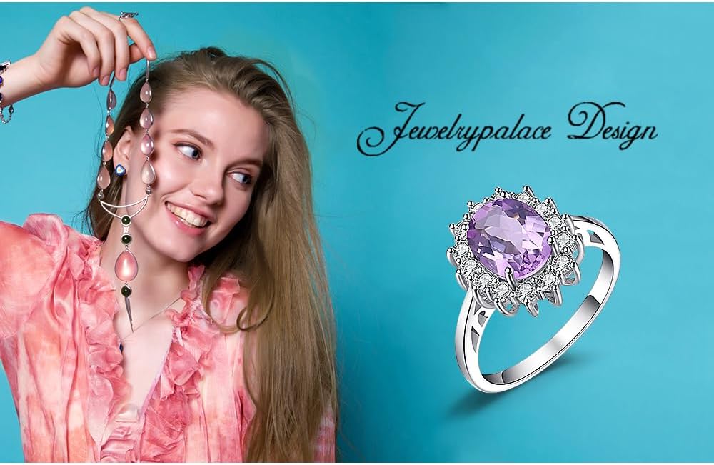 JewelryPalace Princess Diana Kate Middleton Class Gemstone Birthstone Sapphire Halo Engagement Rings for Women, Anniversary 14K White Yellow Rose Gold Plated 925 Sterling Silver Promise Rings for Her