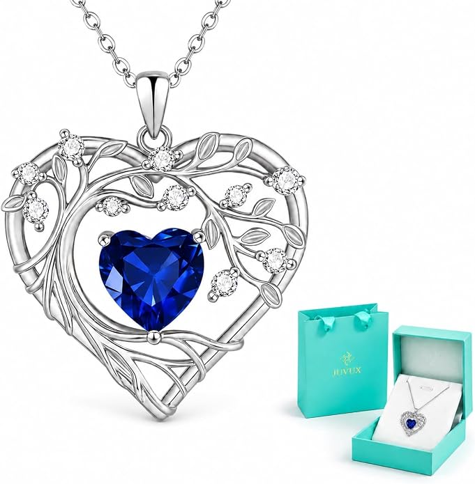 Tree of Life Birthstone Pendant Necklace - 925 Sterling Silver Heart Cubic Zirconia Diamond Women Pendant Necklaces for Her Daughter Girlfriend Birthday Gift Ideas for Wife Mom for Valentines Day