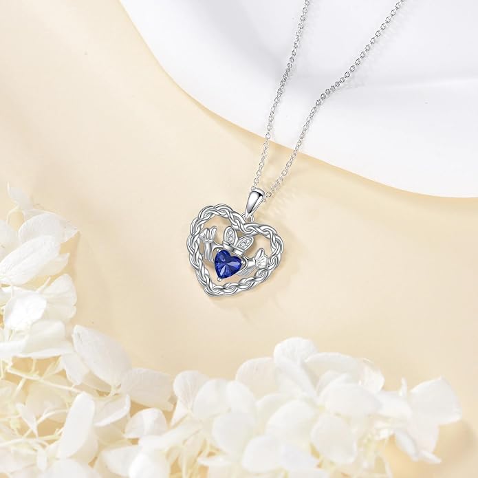 Birthstone Claddagh Heart Necklace 925 Sterling Silver Heart Celtic Knot Claddagh Necklace Pendant Irish Jewelry Gifts for Women Mom Wife Sister Christmas Birthday,18+2 inch