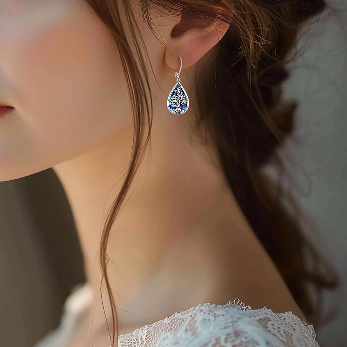 Dangle Earrings Sterling Silver Moonstone/Turquoise/CZ/Crystal Earrings for Women Tree of Life Animal Filigree Leverback Earrings Jewelry Gifts