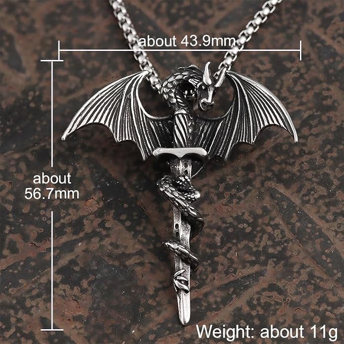 GTHIC Stainless Steel Nordic Viking Dragon Pendant Necklace Vintage Sword Jewelry With Chain