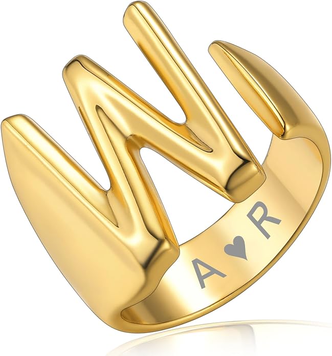 KeyStyle Bold Initial Letter Rings Adjustable, GoldChic Jewelry Women Gold Statement Ring Personalized Engraved Women’s Open Signet Ring for Party (Gold, White Gold, Black)