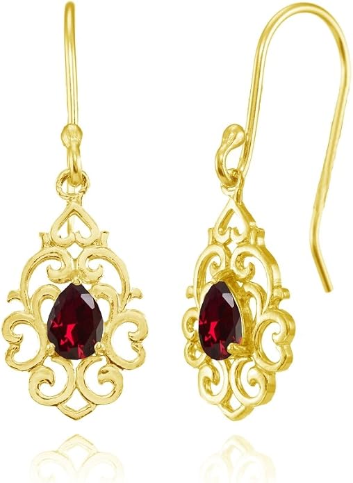 Sterling Silver Genuine or Created Gemstone Filigree Heart Teardrop Dangle Earrings